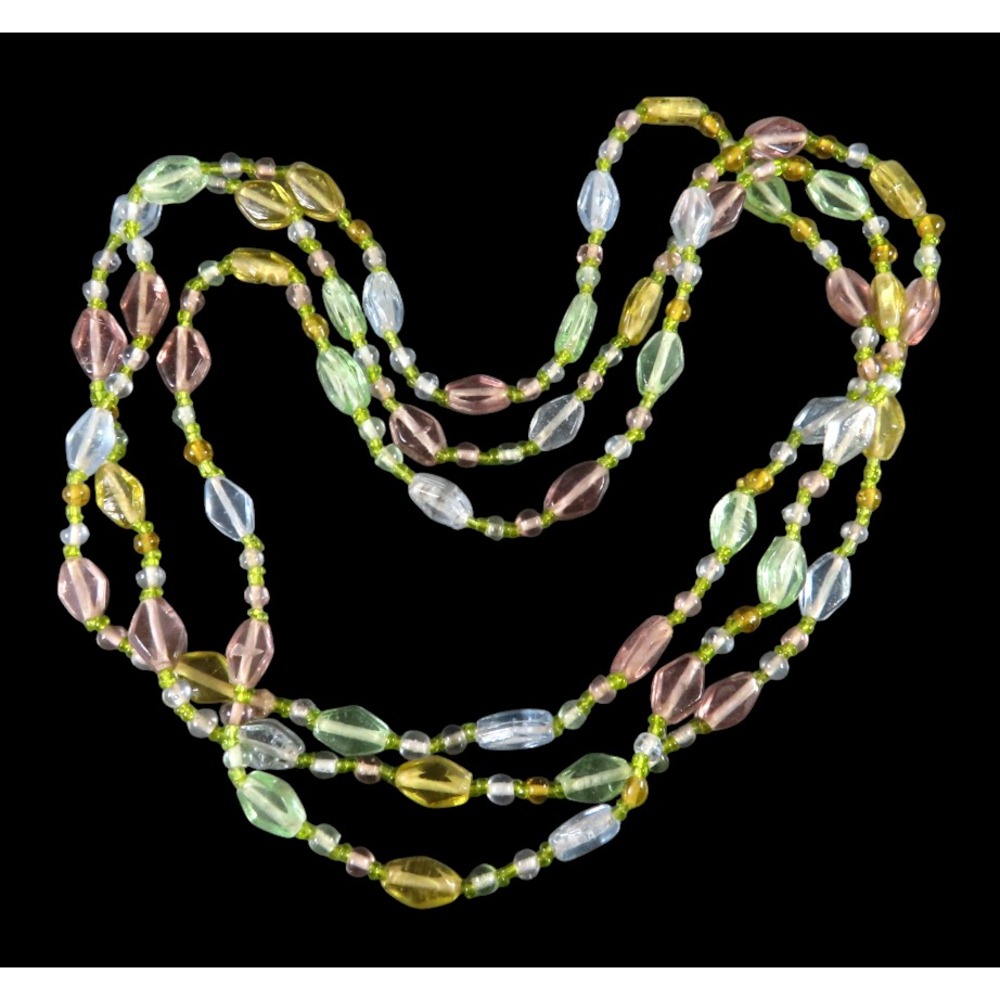 VTG ART GLASS BEADED NECKLACE Flapper Length PASTEL SHADES Green Pink Blue 60"